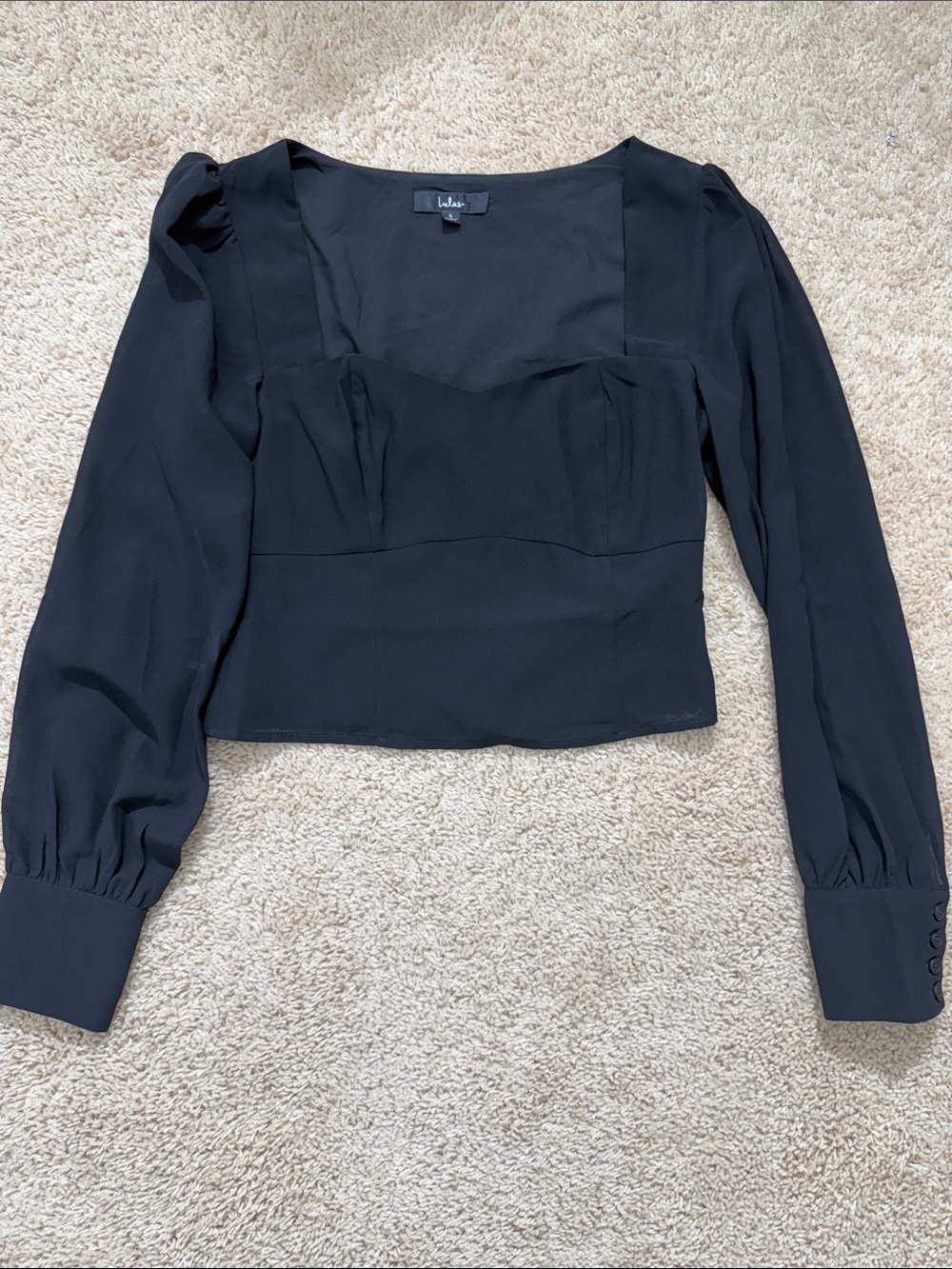 Lulu's Black Long Sleeve Square-Neck Cropped Top with Puffed Shoulders